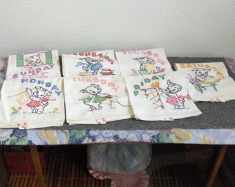 Vintage - hand stiched Dish Towels - 7 days of the week - kitten working design - !!!