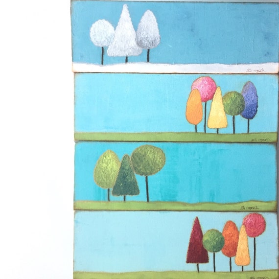 Four seasons. Landscape art. Winter Spring Summer Fall. original mixed ...