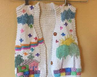 Vtg Hand Knit Vest // Sunshine Forest Home Scene // Child's 4-5 years