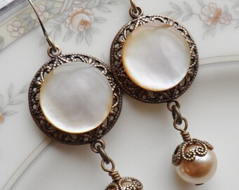 Antique Mother of Pearl Button Earrings, Harvest Moon, Antique Brass