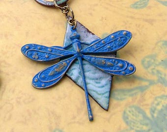 blue Dragonfly necklace - Enamel statement necklace - bohemian jewelry