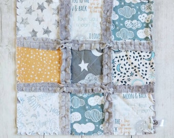 Moon and Stars Minky Rag Quilt Lovey - I Love You To The Moon And Back Lovey - Moon Stars and Clouds Gift - Gender Neutral Baby Gift
