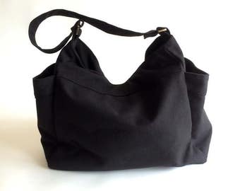 SALE 30% - Black canvas Diaper bag , Mom cross body bag , Vegan hobo messenger bag , Handbag Gift for her, women School Bag / no.101 RENEE