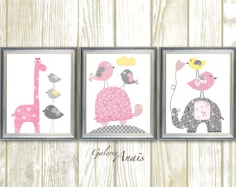 Pink Yellow and gray Nursery wall art nursery decor girl baby nursery kids art Elephant Giraffe turtle Birds Set of three prints