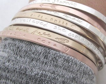 ONE Personalized Skinny Cuff Bracelet - Handstamped Bracelet - Mantra Cuff - Inspirational Jewelry - Stacking bracelets - Arrow Bracelet