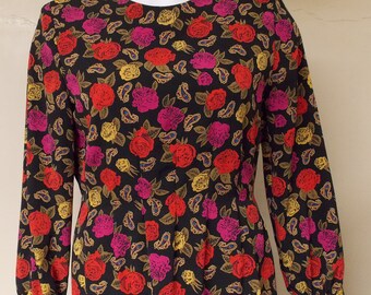 Ms Chaus black dress w/roses reds golds browns and paisley long sleeve pleated waist vertical 10