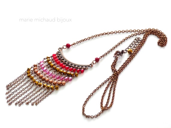 Red pink and gold delicate fringe necklace, Fringe necklace, Orignal necklace, Red and pink necklace, Boho necklace, Boho jewelry,