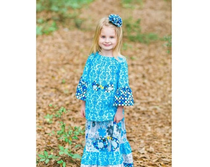 Little Girls Outfit - Maxi Dress - Blue - Toddler Clothes - Long Skirt - Peasant Top - Long Sleeves - 2T to 8 yrs
