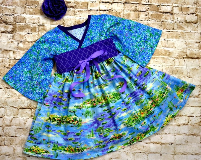 Blue Dress for Toddlers - Girls Twirl Dress - Toddlers Spring Dress - Birthday Party - Little Girls Kimono Dress - Preteen - 2T to 14 yrs
