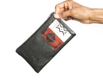 Leather zipper pouch, African zipper pouch, Leather bag, Black zipper pouch, African pouch, Leather purse, Leather clutch, African clutch