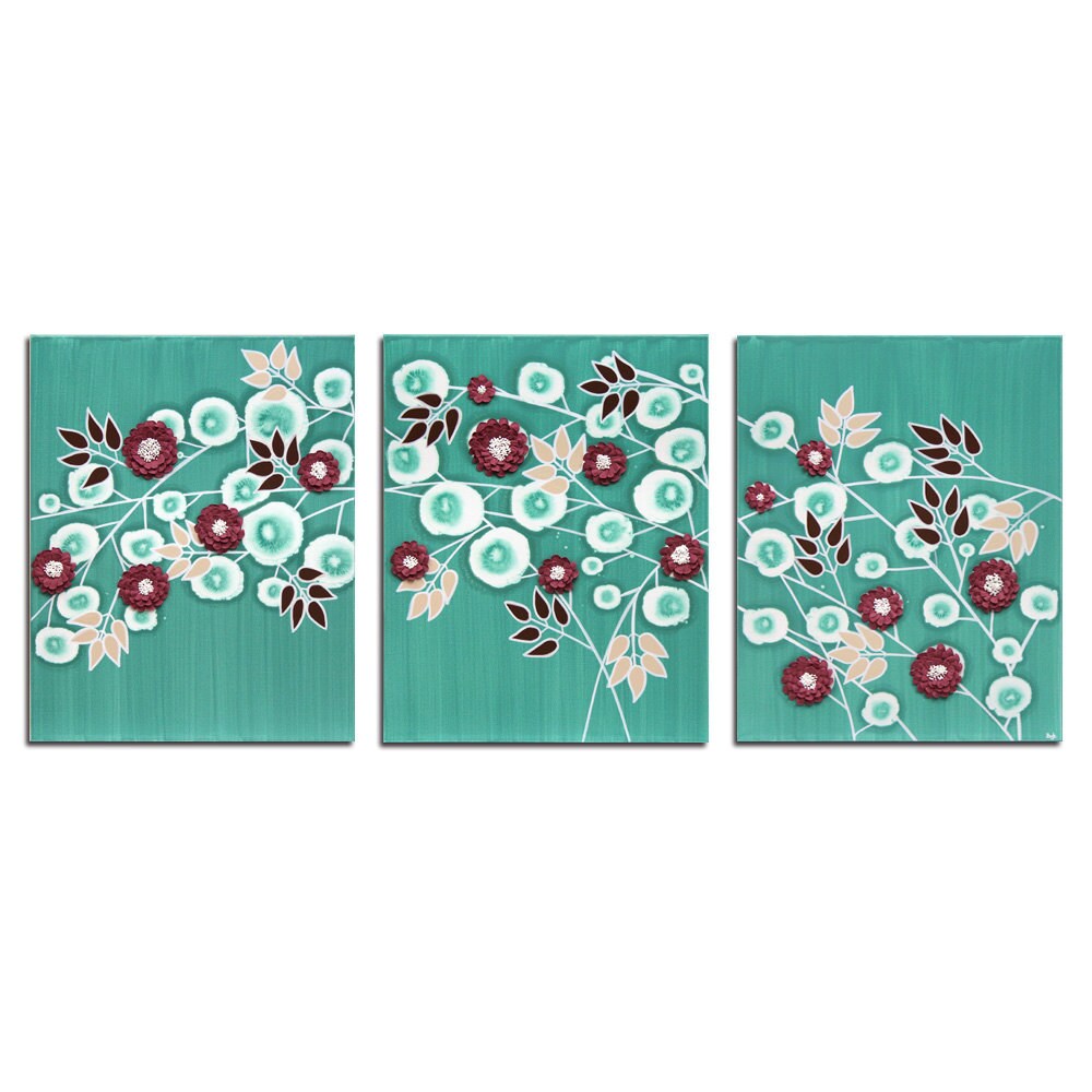 Flower Painting Canvas Art Teal 3D Floral Decor Wall