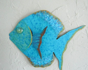 Metal Wall Art Fish Sculpture Recycled Metal Beach House Coastal Bathroom Decor Blue Turquoise 7 x 9