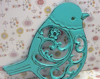 Bird Flower Cast Iron Trivet Hot Plate Bright Turquoise Blue Shabby Elegance Ornate Swirly Chunky Bird Kitchen Country Chic Decor