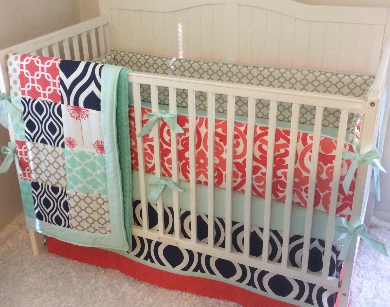 Navy Mint Gold and Coral Baby Girl Crib by butterbeansboutique