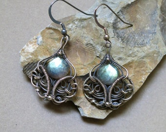 Light Blue Fire Labradorite and Sterling Silver Earrings - Antiqued Wire