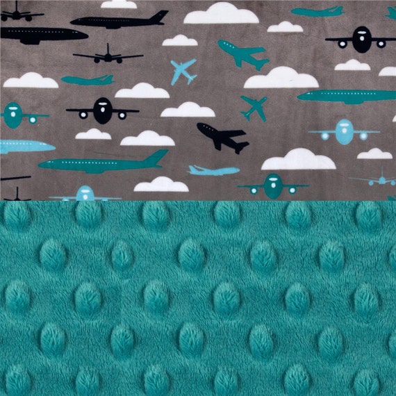 Personalized Baby Blanket Boy / Airplane Mini Minky Baby Blanket - Lovey Airplane Blanket, Gray Blue Teal // Burp Cloth