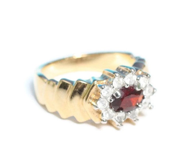 Simulated Garnet Ring Clear Crystals Stepped Shoulders Size 7 US