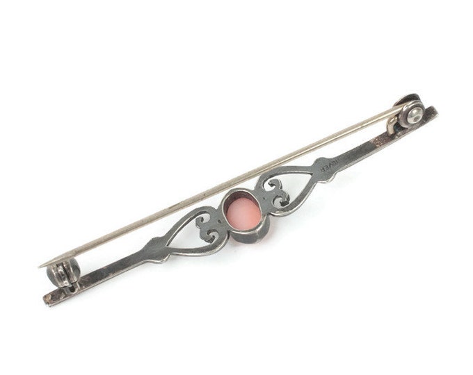 Silver and Coral Cabochon Bar Pin Heart Design Vintage