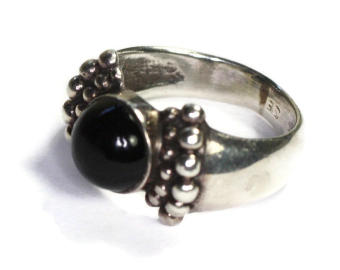 Onyx and Sterling Ring Beaded Accents Size 7.25 Vintage