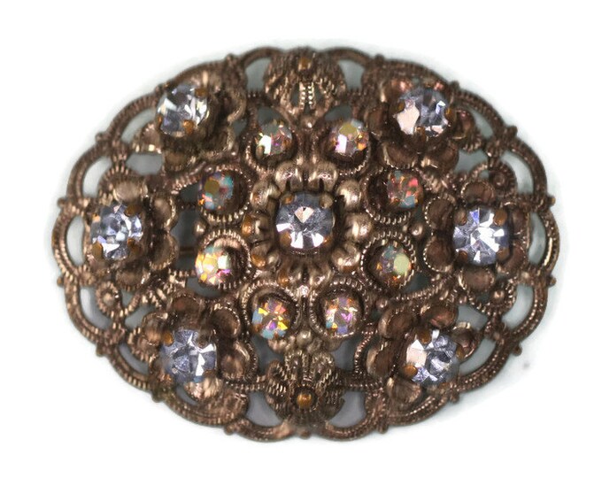 Rhinestone Filigree Brooch Pink AB and Blue Stones Signed Germany Vintage