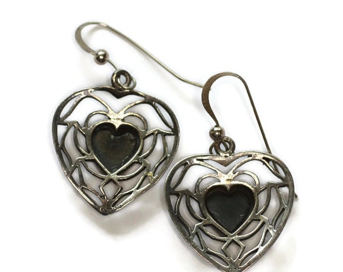 Onyx Heart Dangle Earrings Sterling Silver Pierced Ears Filigree Vintage