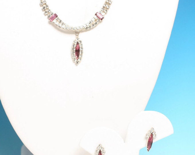 Raspberry Pink and Clear Rhinestone Necklace Earrings Set Vintage