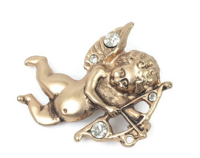 Cupid with Arrow Brooch Rhinestones Gold Tone Antiqued Finish Vintage