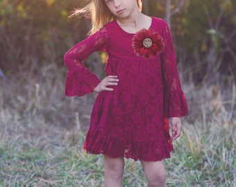 Burgundy Long sleeve Flower Girl Dresses- Christmas Dress- Maroon Lace dress- Rustic Girls Dress- Baby Lace Dress- Junior Bridesmaid