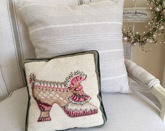 Needlepoint Pillow ... Victorian Shoe.. Green Velvet square decorative Pillow