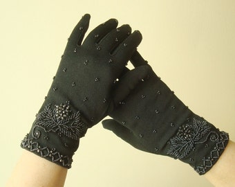 Vintage black beaded gloves, wrist length gloves, size Medium, washable stretch nylon, British Crown Colony of Hong Kong, 1950-1960s