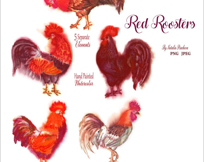 Red Watercolor Roosters, Clip Art, Clipart, Chinese new year, 2017, cock, watercolor, hand drawn, fire, Christmas, bird