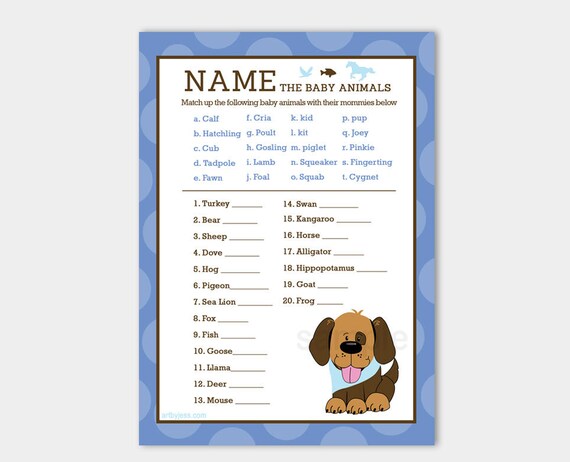 Handsome Puppy Dog Boy Baby Shower Name the Baby Animals