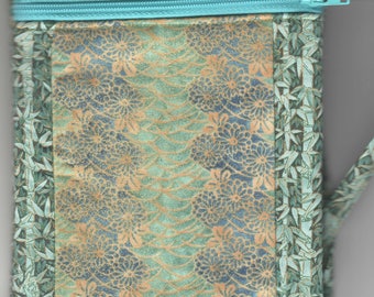 Cell Phone Bag - Quilted Cotton, Long Strap, Turquoise Asian Bamboo - Fits iphone