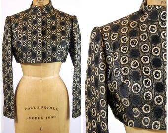 1980s Richard Tam Brocade Bolero Jacket - Black and Gold Brocade - Short Jacket / Shimmer - Holiday