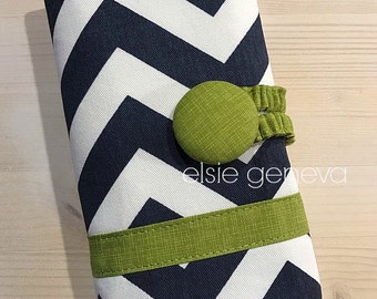 Navy Blue Chevron Mustard Yellow Hot Pink Green Zig Zag Crochet Hook Case Organzier Sewn in Zipper Pocket Button Closure Lime Orange Coral