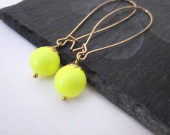 Neon Earrings -- Bright Yellow Earrings -- Neon Bead Earrings -- Neon Yellow Earrings -- Yellow Swarovski Pearl Earrings -Long Neon Earrings