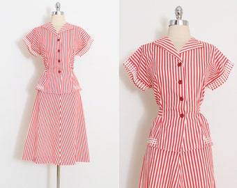 Vintage 40s Dress | vintage 1940s skirt top set | red white striped | l/xl | 5885