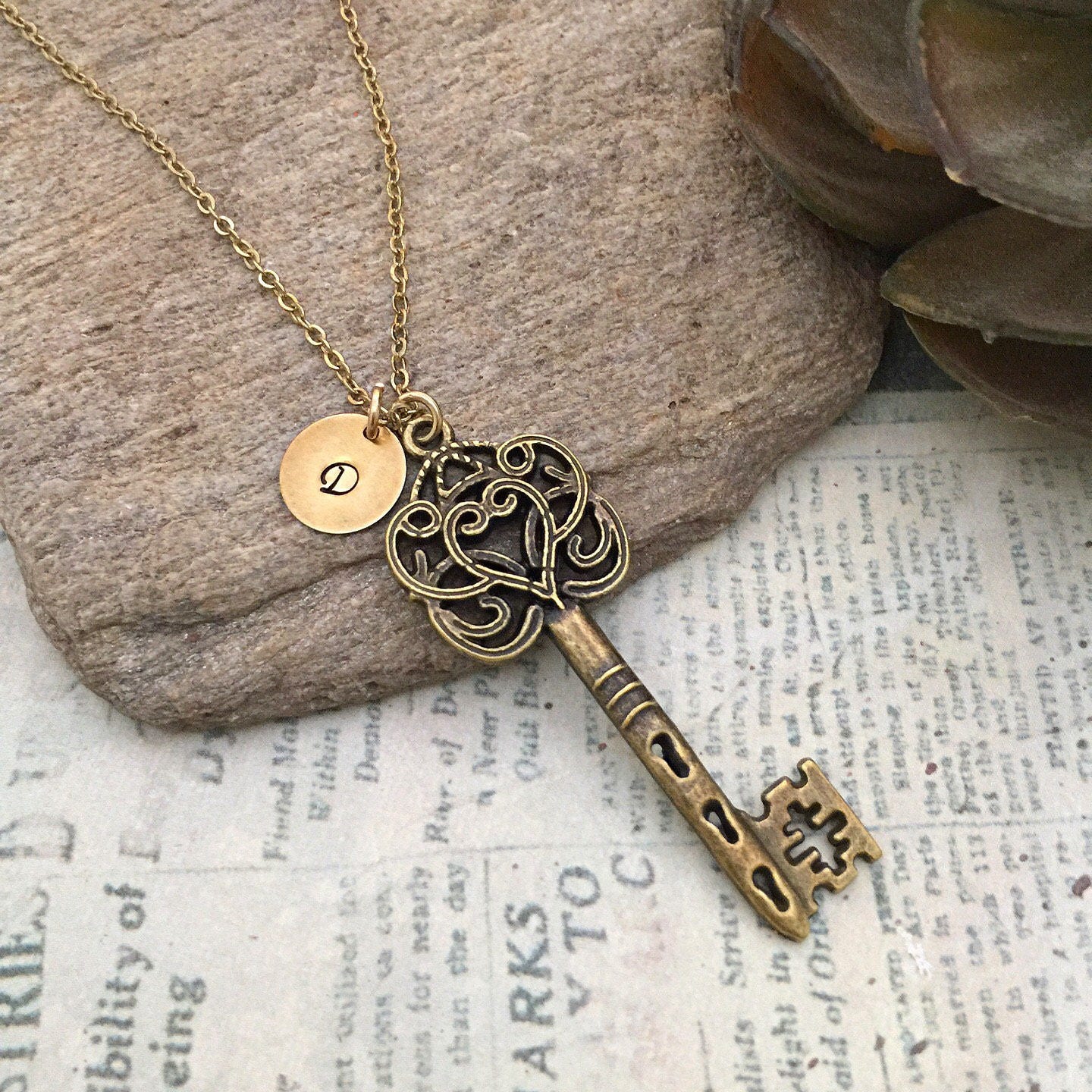 Ornate Style Victorian Key Necklace with Initial Charm