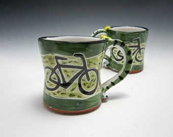 Medium Ceramic Coffee Mug - Bicycle Bike - Pottery Mug - Gift for Her - Coffee Cup - Olive Green - Majolica - 12 oz ounce Mug - Gift for Him
