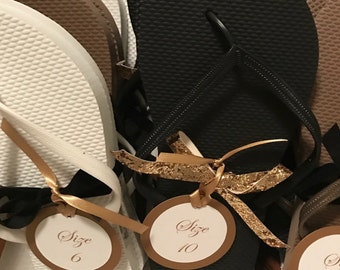 Flip Flop Favor Tags for your Party, Shower, and Wedding Reception Favors Tags in a Round Layered Design Printed with Shoe Sizes