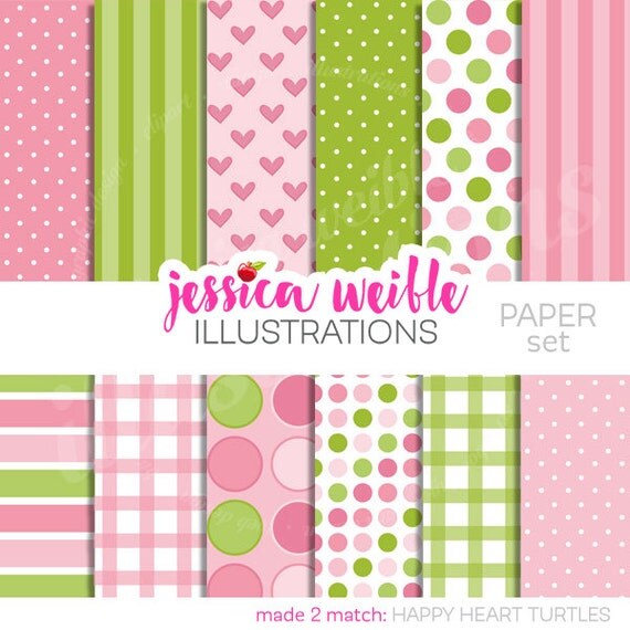 Happy Heart Turtles Cute Digital Papers Backgrounds for Invitations, Card Design, Scrapbooking, and Web Design Il_570xn