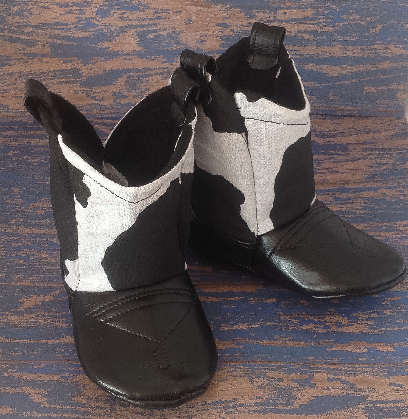 Black & White Cow Print Baby Cowboy Boots with Leather