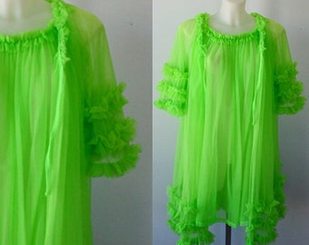 Vintage Chiffon Peignoir Set, Green Peignoir Set, 1960s Peignoir Set, 1960 Lingerie, Vintage Lingerie, Nightgown Robe Set
