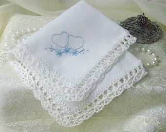 Blue Embroidered Handkerchief, Hanky, Hankie, Hearts, Floral, Hand Crochet, Lace, Ladies, Personalized, Monogrammed, White, Ready to ship
