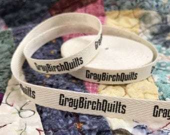 Twill, Three-Eighths Inch Ribbon, Spool - Flat or Folded, CUSTOM Printed Sew-in Fabric Label (natural and white)
