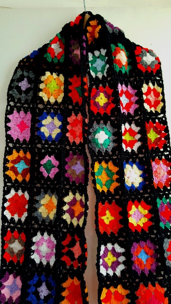 SALE 30% OFF Iconic Granny Squares Scarf Ready To Ship Black Crochet