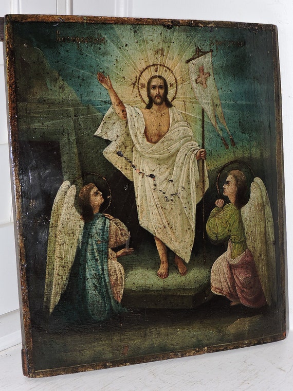 Antique Christian Icon JESUS Resurrection ANGELS Oil Painting on Wood