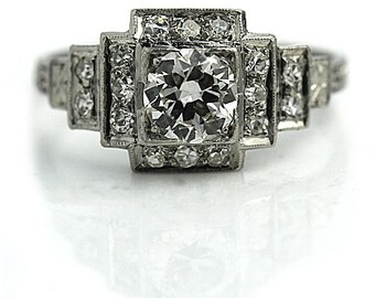 Art Deco Diamond Ring .92ctw Antique Engagement Ring European Cut Platinum Engagement Ring 1930s Square Ring Vintage Estate Diamond Ring!