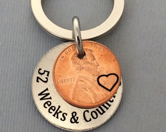 Anniversary Gift - Anniversary Gift For Men - Personalized KeyChain - Stamped Penny KeyChain - Weeks & Counting Keychain