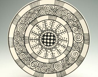 Black and White Plate 9-3/4", Dinner Plate, Ceramic Pottery Platter, Mandala Art, Black Graphic Designs, Ceramic Dinnerware